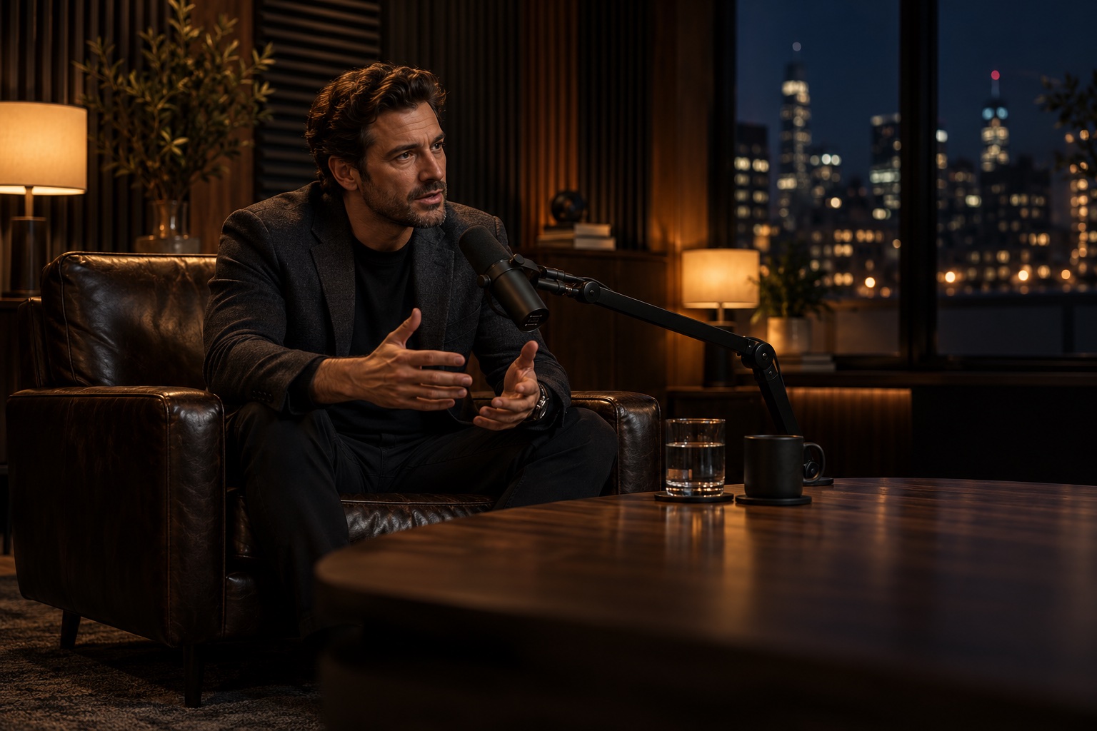 An owner in an armchair, talking about his work in front of a microphone, lit like the guest of a podcast