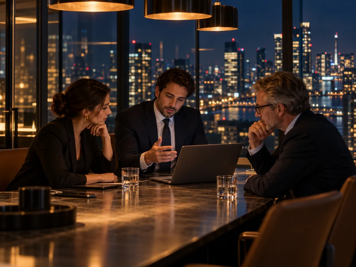 A small team at a table at night, talking over a laptop
