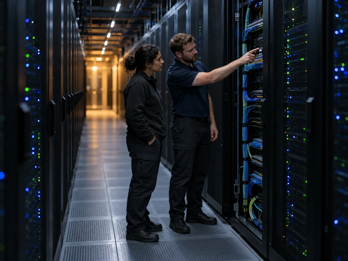 Two engineers in a data centre aisle, working on the same server rack
